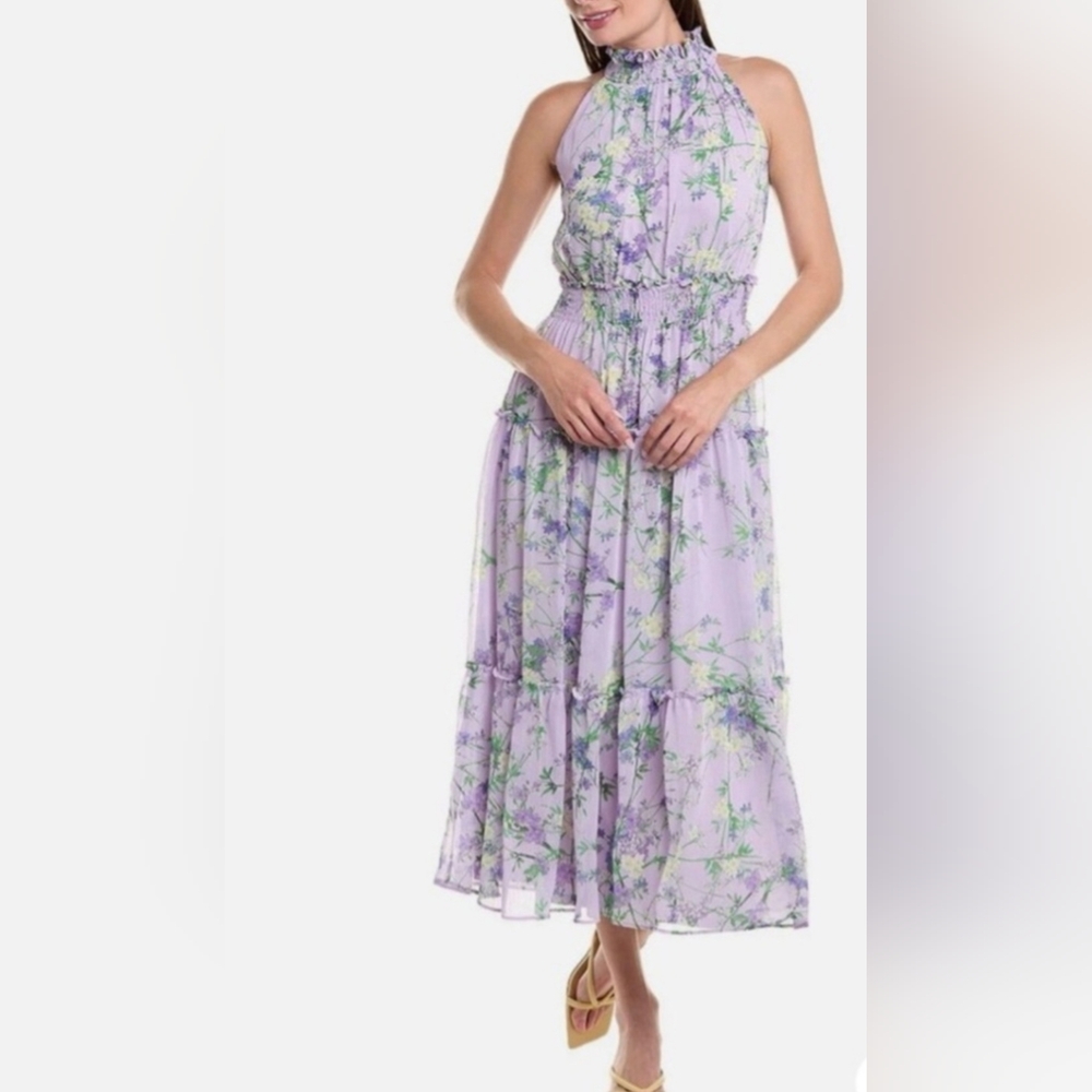 Taylor Chiffon Halter Sheer Pastel Floral Ruffled Smock Waist Maxi Garden Dress